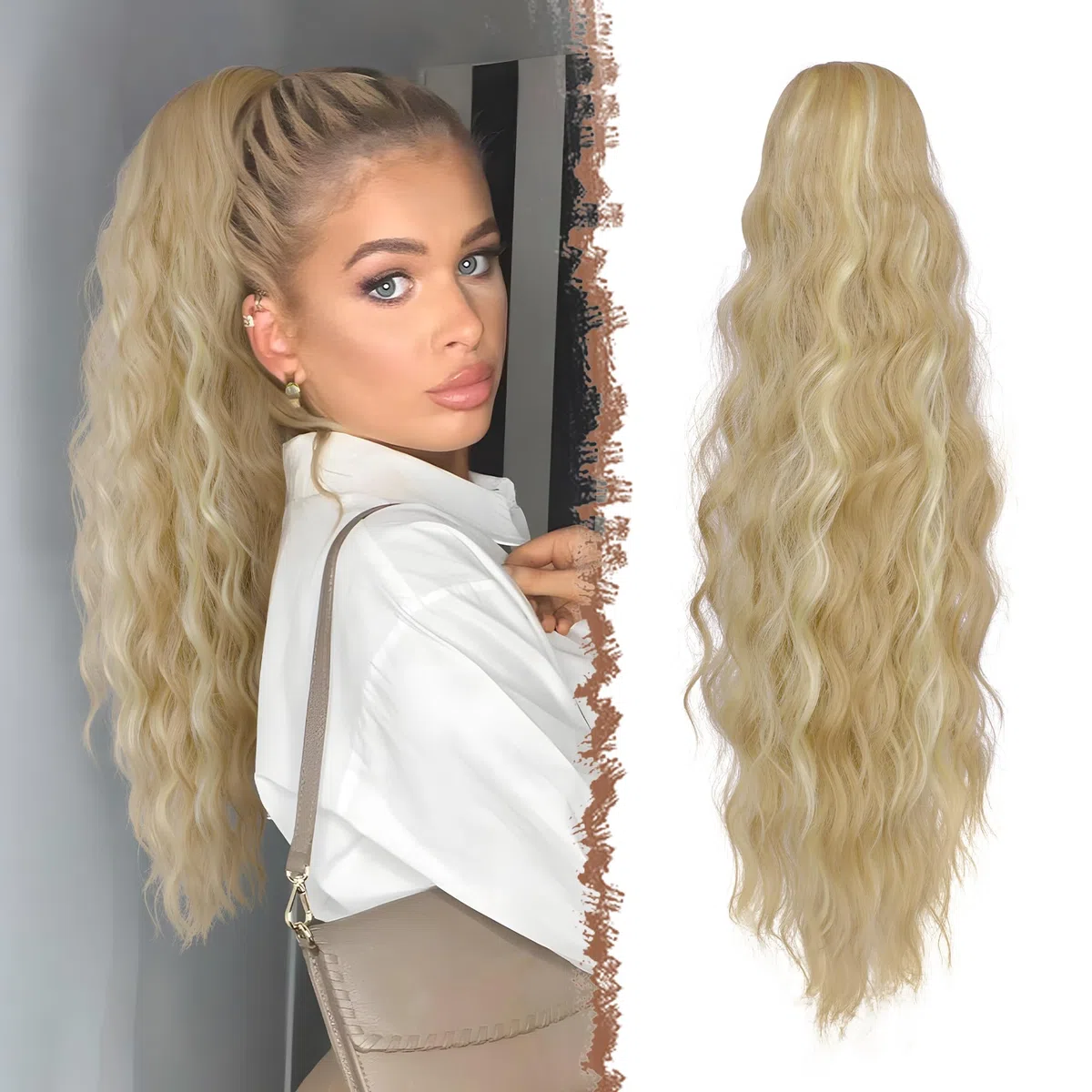FESHFEN Coda Capelli Extension Ondulati Lunghe, Coda Finta Capelli con Pettine Sintetici Posticci Ponytail Coda di Cavallo Extensions per Donne, 60 cm Biondo Sporco