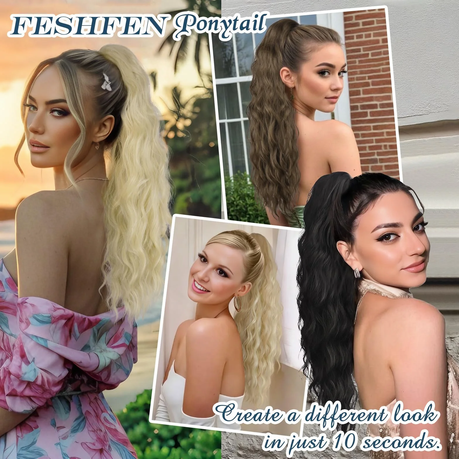 FESHFEN Coda Capelli Extension Ondulati Lunghe, Coda Finta Capelli con Pettine Sintetici Posticci Ponytail Coda di Cavallo Extensions per Donne, 60 cm Biondo Sporco