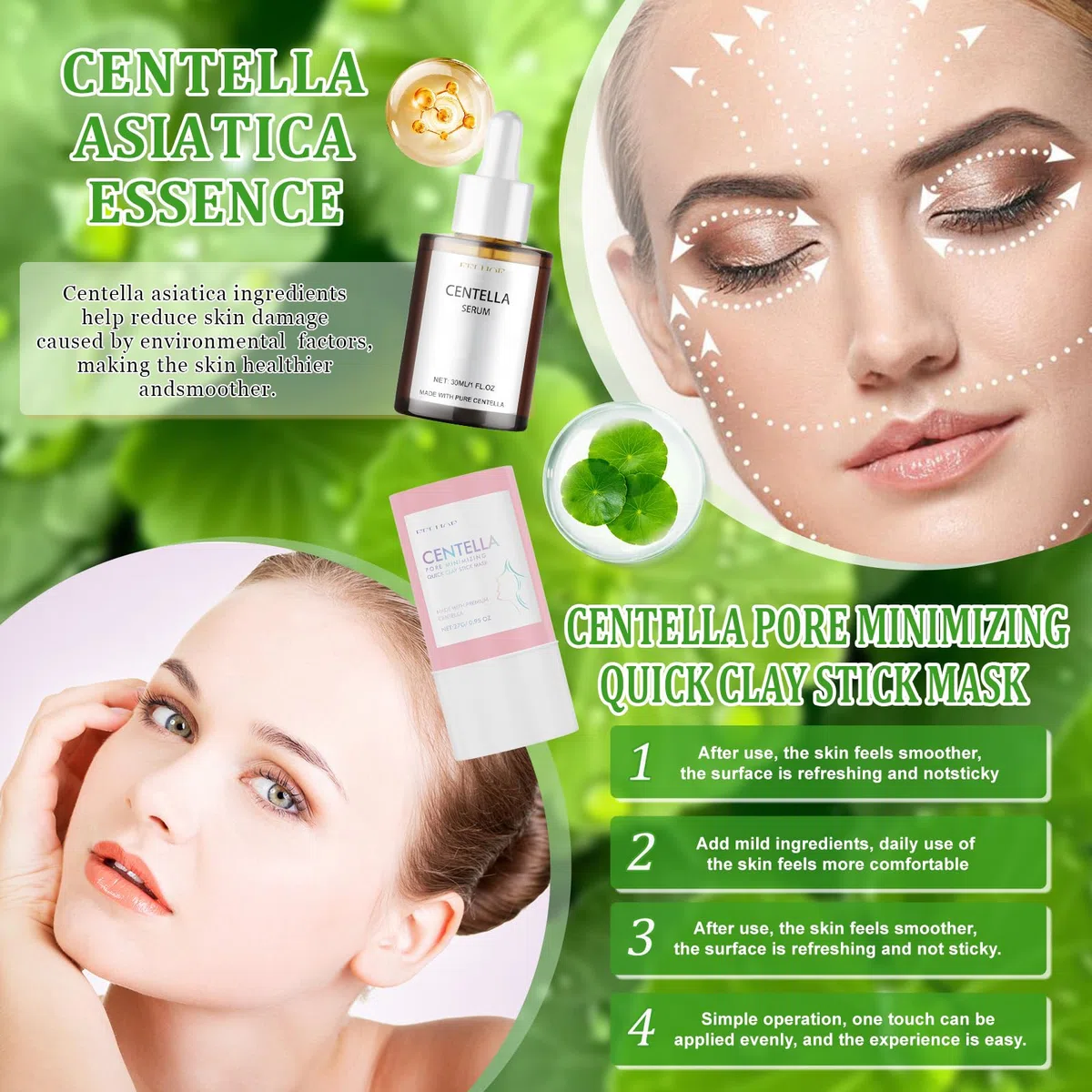 4 Pezzi Centella Kit, Centella Cleansing Oil + Centella Detergente Viso + Siero Viso + Centella Stick Mask, Skincare Kit, Delicato e Leggero, Adatto Alle Pelli Sensibili