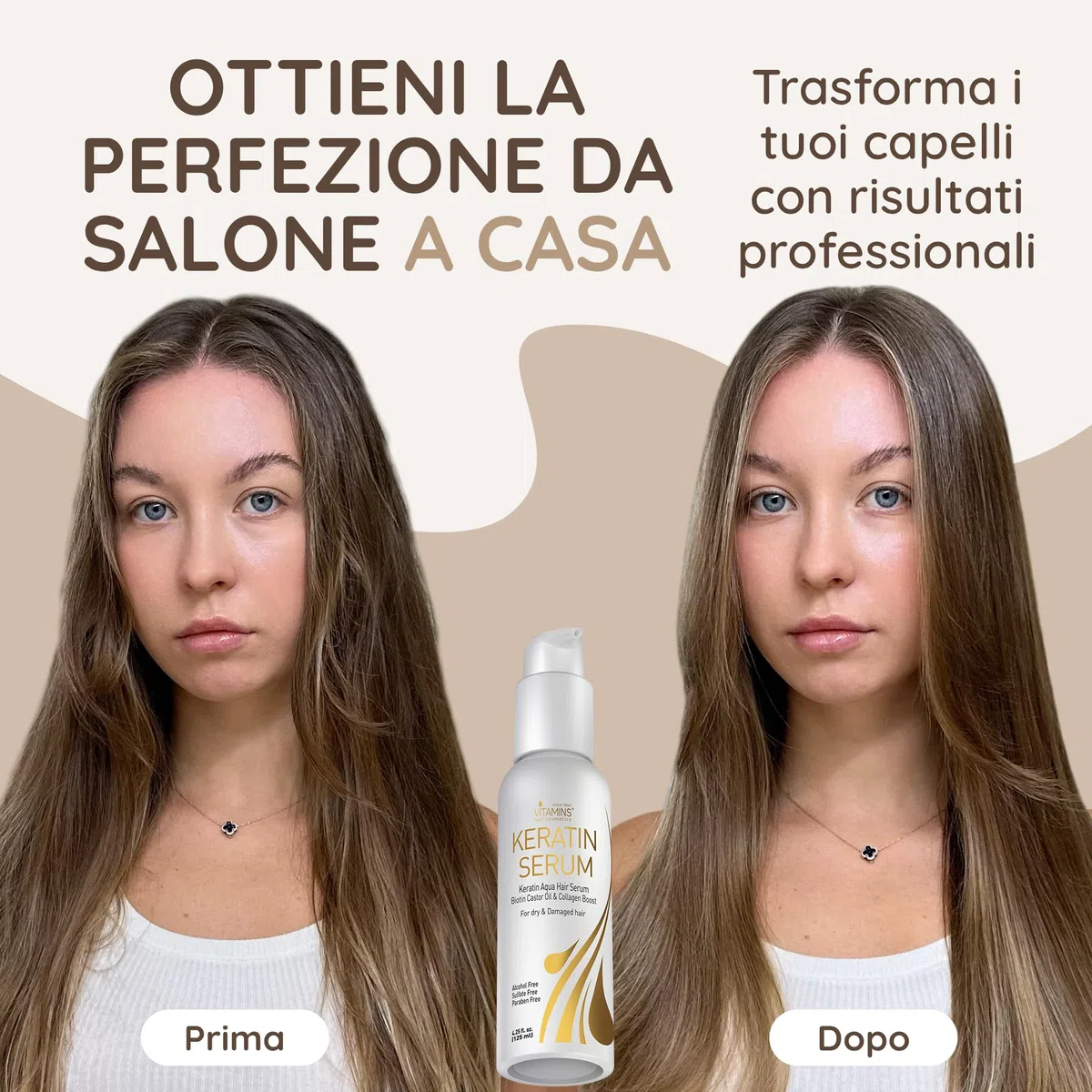 Vitamins Siero per Capelli alla Cheratina - Trattamento Idratante Anti-Crespo al Collagene con Biotina per Capelli Secchi, Crespi, Danneggiati Ondulati o Lisci