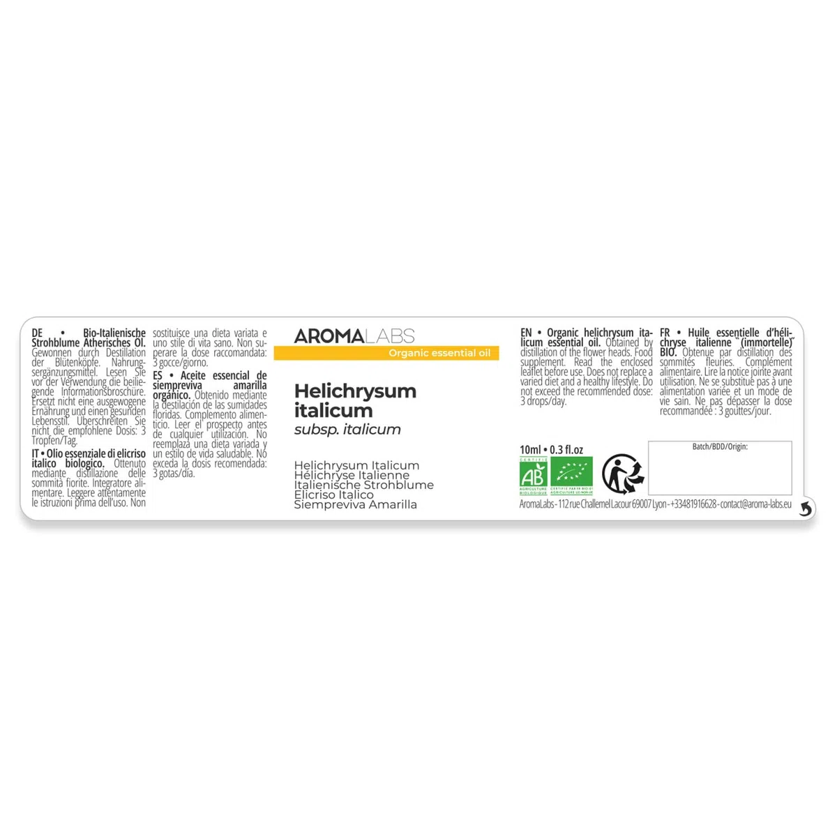 Elicriso Italiano BIO (Helichrysum italicum - subsp. italicum) - 10 mL - Olio Essenziale Chemiotipizzato e Certificato AB - Aroma Labs - Made in France