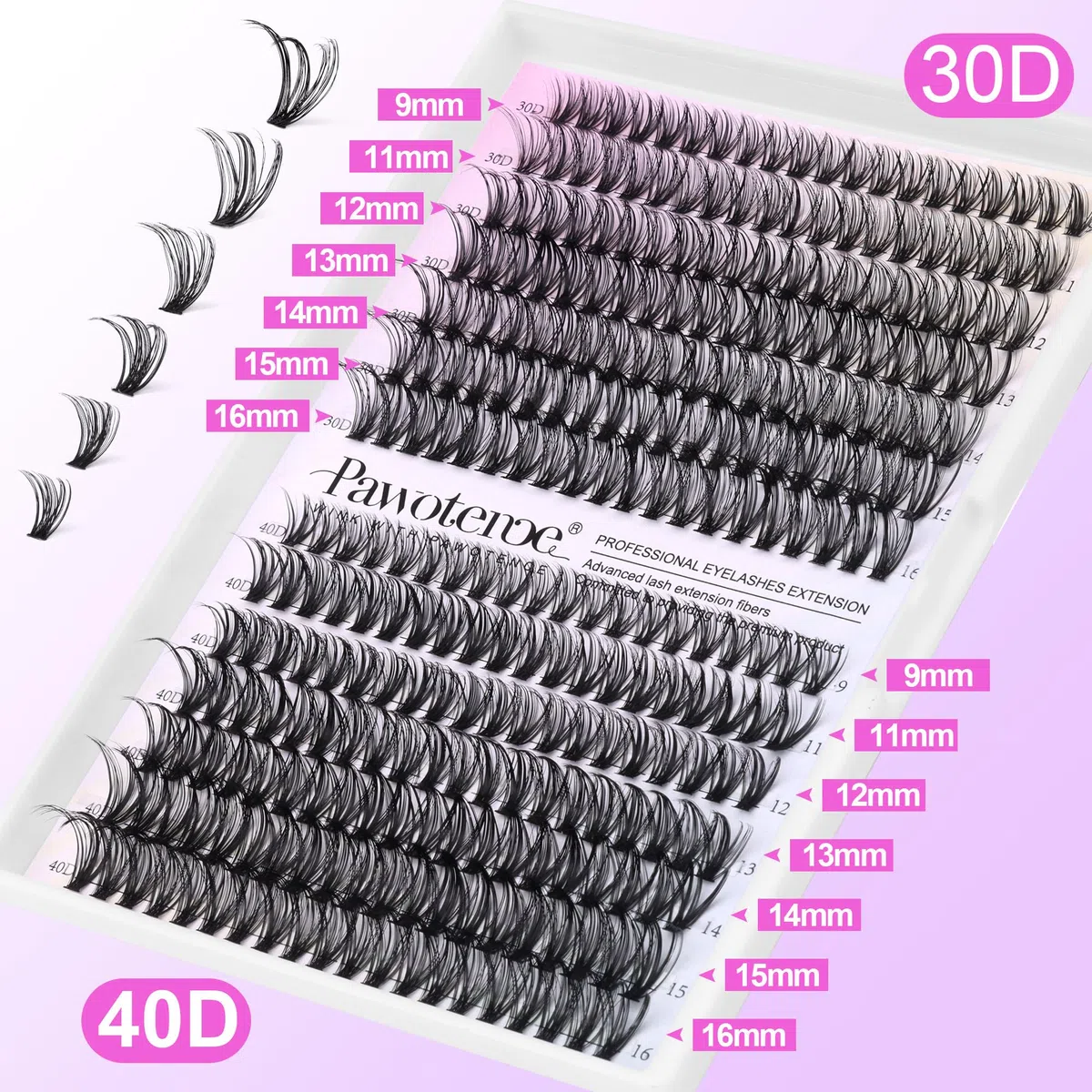 Pawotence Kit di extension per ciglia fai da te, 280 pezzi, 9-16 mm, 30D, 40D, kit di ciglia singole con fissante, sigillante, pinzette per ciglia, per uso personale (30D e 40D, 0,07D, 9-16 mm, kit)