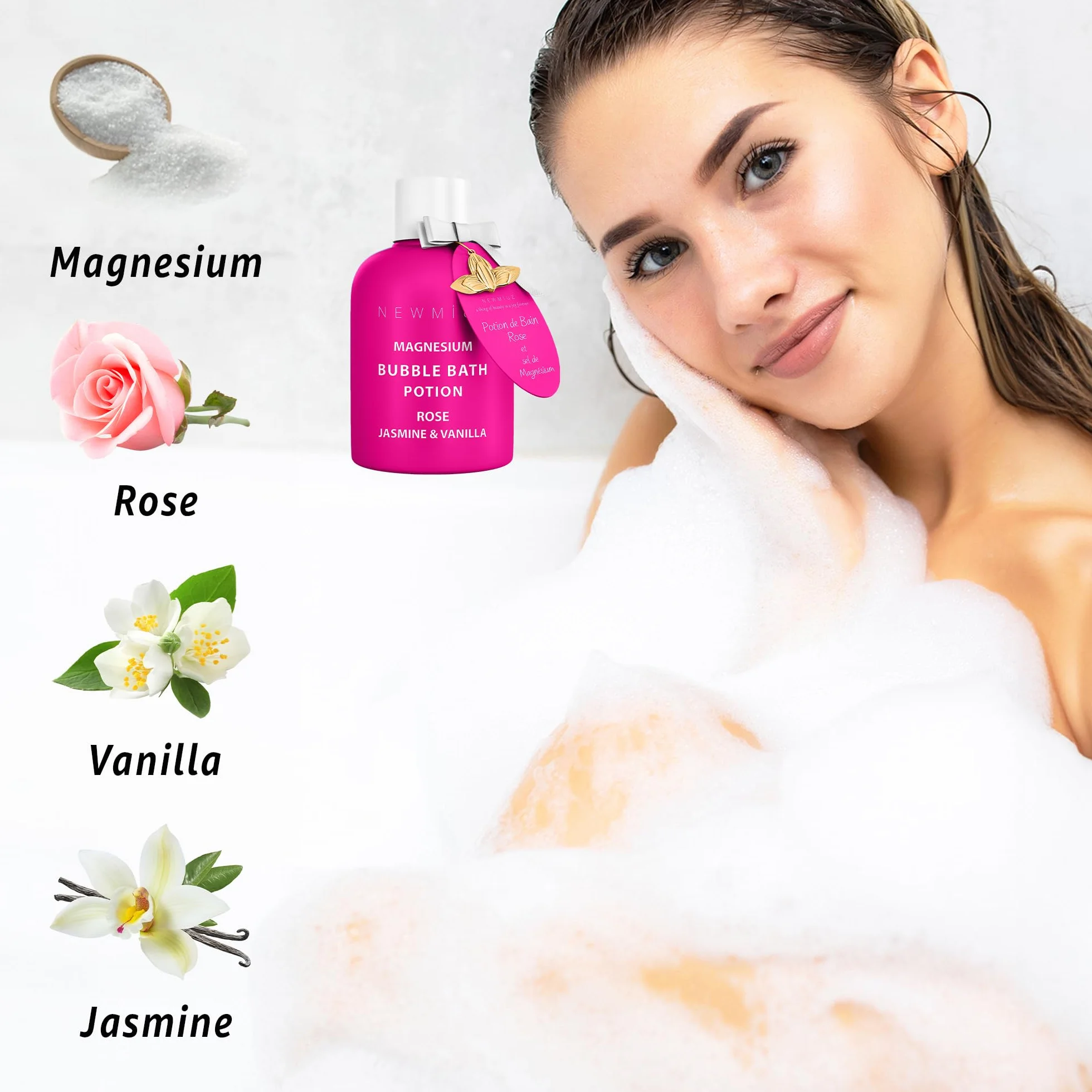 Magnesium Bubble Bath Rose Jasmine Vanilla – Luxury Long Lasting Bubble Bath For Sore Muscles – Epsom Salt Moisturizing Relaxing Stress Relief – Spa Self Care Spa Gift for Women Birthday Christmas