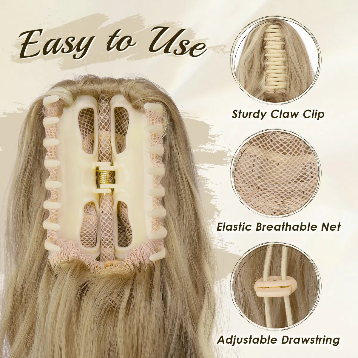 FESHFEN Coda Capelli Extension Pinza - Lunga Ondulato Coda Finta Capelli Riccia Coda di Cavallo Estension Sintetici Posticcio Ponytail per Donne, 63 cm Biondo Scuro Cenere
