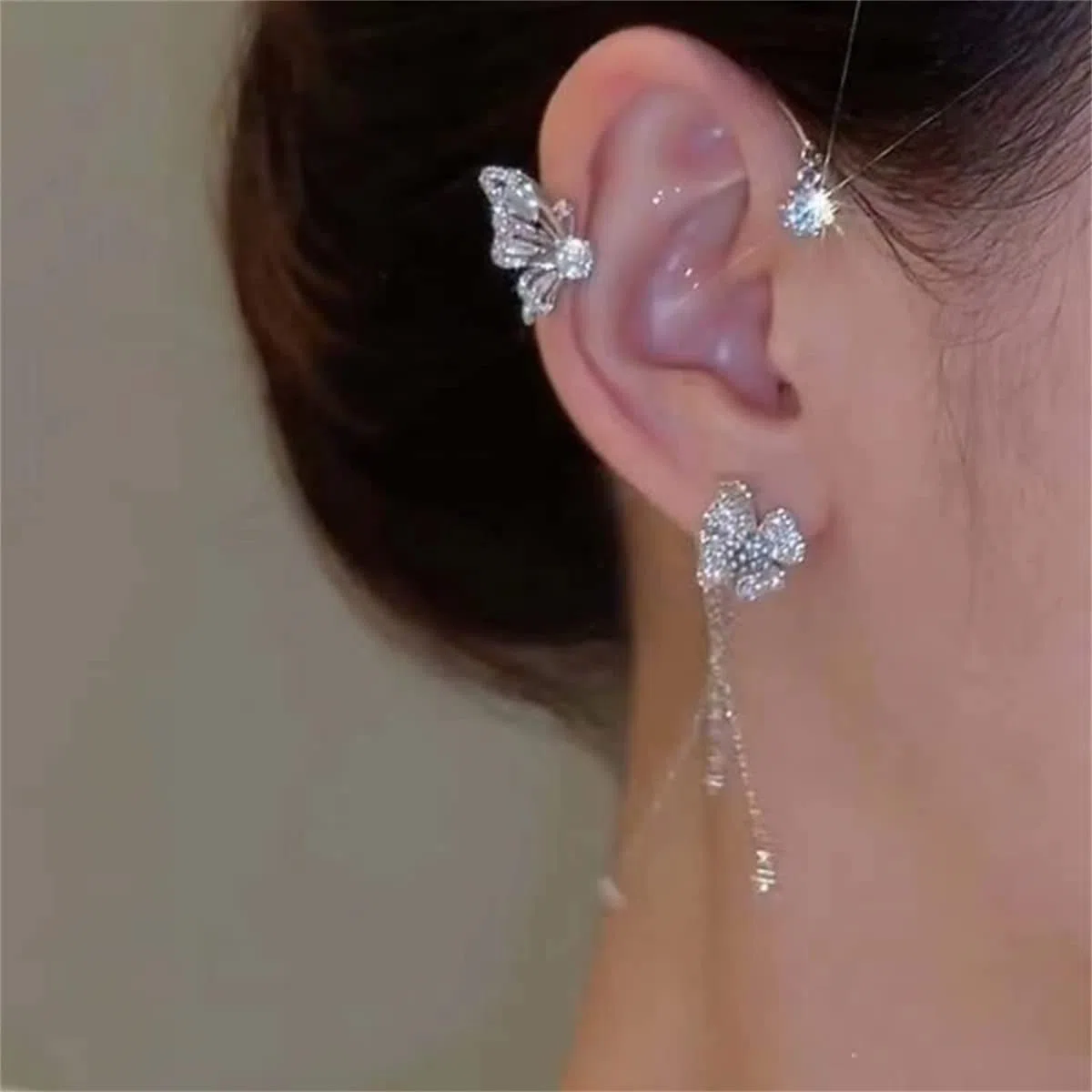 Butterfly Tassel Style Zircon Earrings, No Pierced Wraparound Butterfly Flowers Tassels Earrings,Womens Girls Jewelry Gift