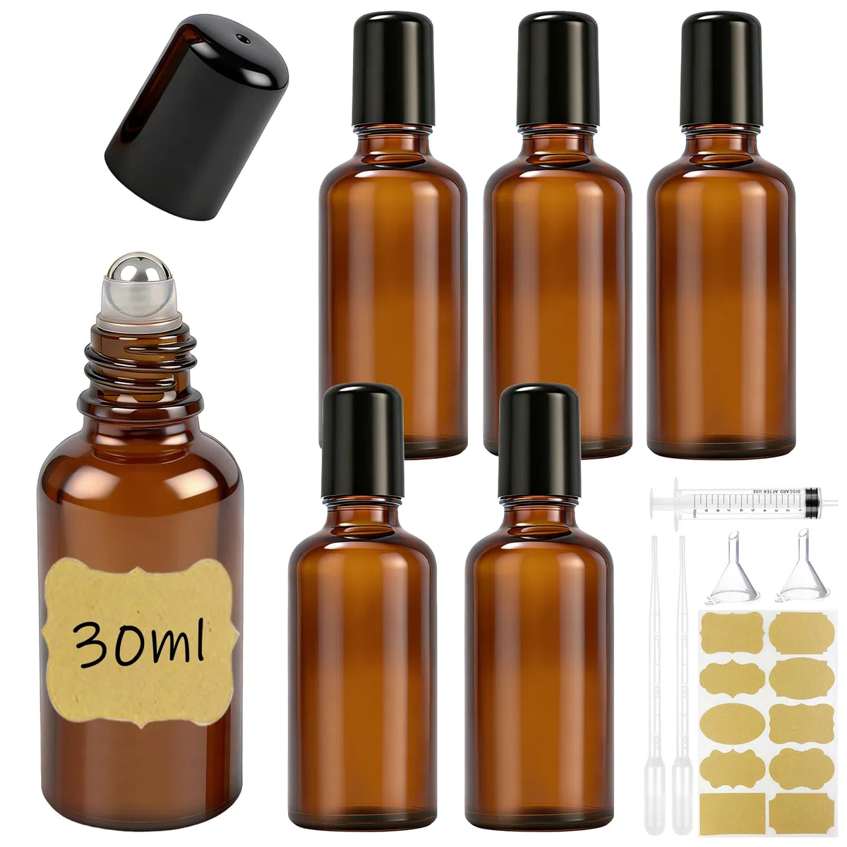 6 flaconi roll-on in vetro da 30 ml per oli essenziali, con sfere roll-on in acciaio inox, ricaricabili, per profumi, cosmetici, aromaterapia, massaggi