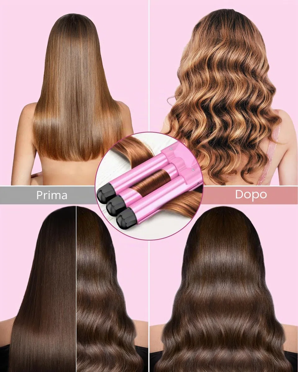 Ferro Arricciacapelli Grandi 3 Botti, Piastra Onde per Capellif-Piastra Capelli Onde, Bigodini da Spiaggia Waves, Ferro Capelli 2 Temps Livelli Onde Capelli Riscaldamento Rapido con Guanto, Rosa