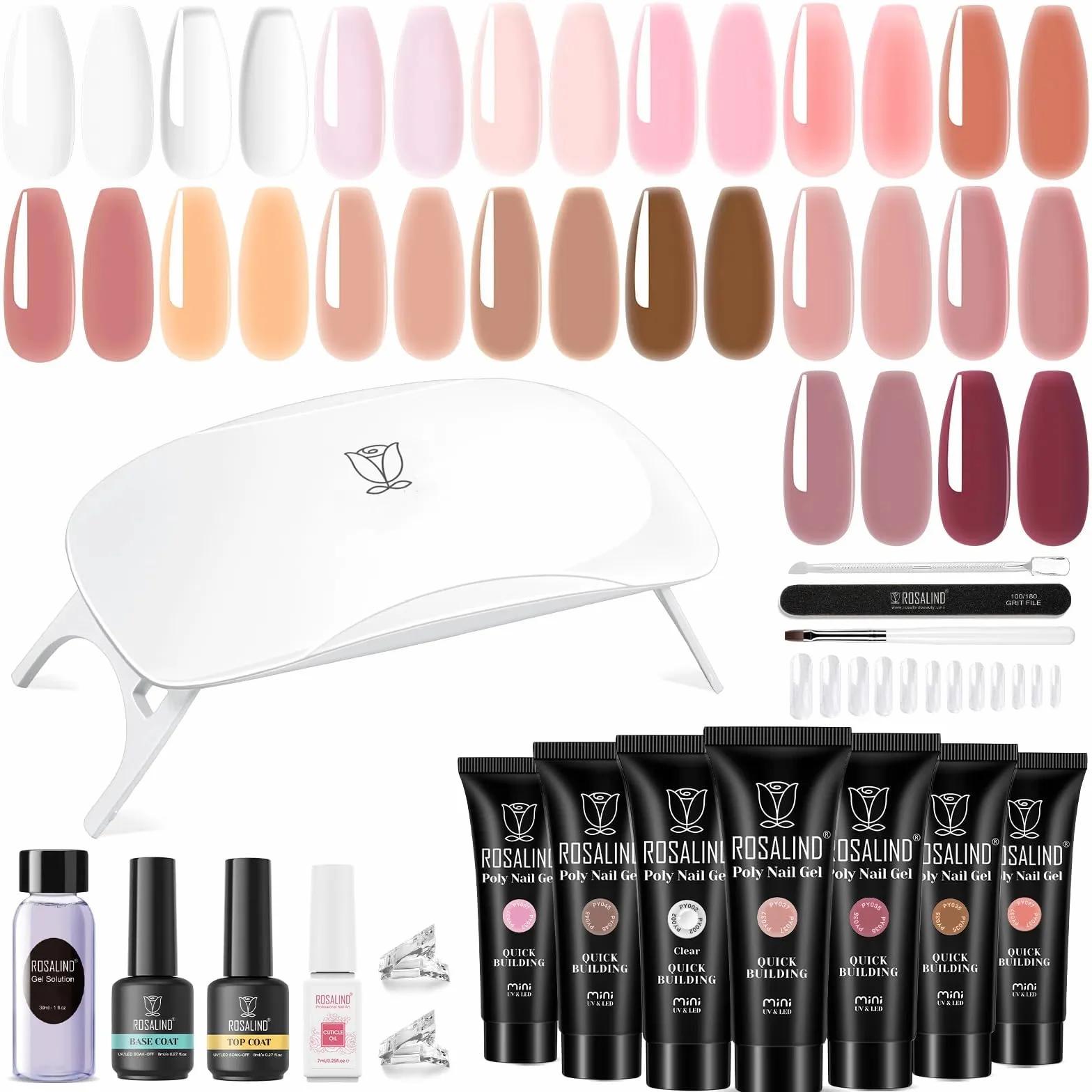 ROSALIND Kit Completo Arcygel, 16 Colori 10ml Estensioni Gel per Unghie con Lampada UV, Base e Top Coat, Strumenti Manicure, Kit Completo Poly Unghie gel Nail Art per Principianti e Professionisti