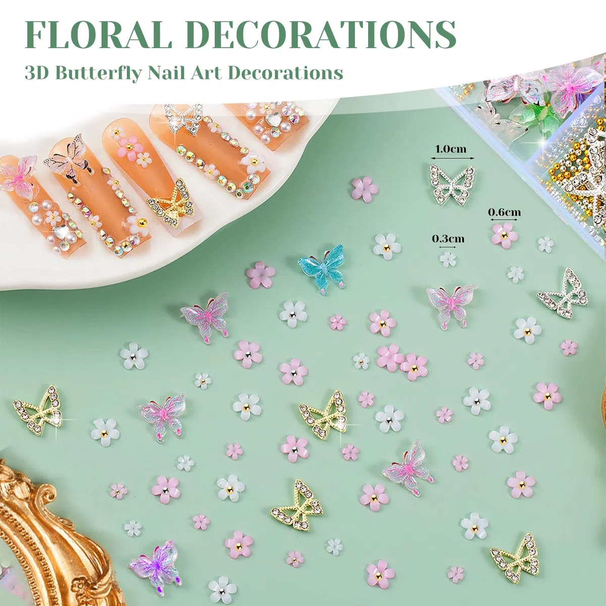 10000 Pezzi Fiocco Rosa Carino Cuore 3D Fiori Charms, Farfalla Dorata Chunky Decorazioni, Gioielli Per Unghie Diamanti Strass, Perline Per Nail Art