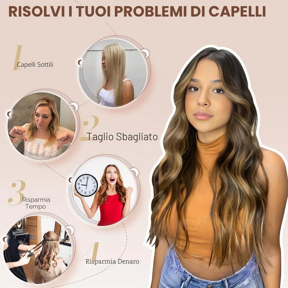 FESHFEN Extension Capelli a Clip - 4PCS Marrone Scuro Lunga Clip in Capelli Estensioni Clip Ondulati Sintetici Posticci Capelli per Donna 50 cm