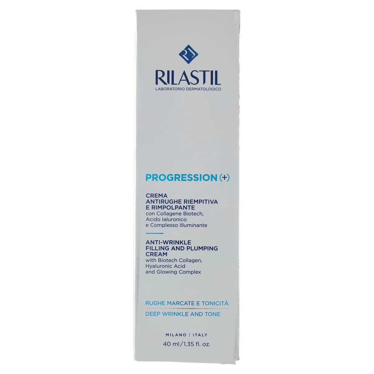 Rilastil Progression(+) Crema Antirughe Riempitiva e Rimpolpante, Trattamento Rughe Marcate, Antiaging, Rimpolpante per Pelli Mature con Collagen, Acido Ialuronico, Confezione da 40 ml