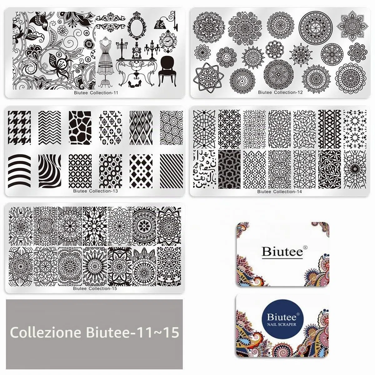 Biutee 15 pcs Gel Stamping Nail Art Prodotti Manicure Gel, 1 Timbri per Unghie, 2 Raschietti, 1 Busta per Conservarli, Stampo UnghieGeometrico Semipermanente
