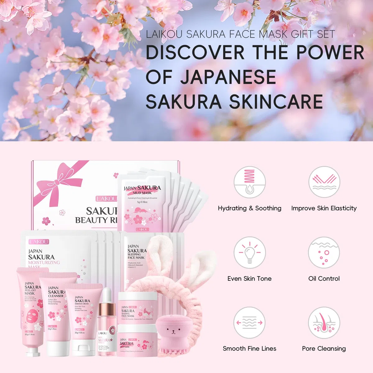 LAIKOU Sakura Skin Care Adolescente da Viaggio, 8 Pezzi Kit Pulizia Viso Ragazza, Kit Crema Viso Giorno e Notte, con Detergente Crema Contorno Occhi Siero Maschera Idratante e Maschera Collo (11pcs)