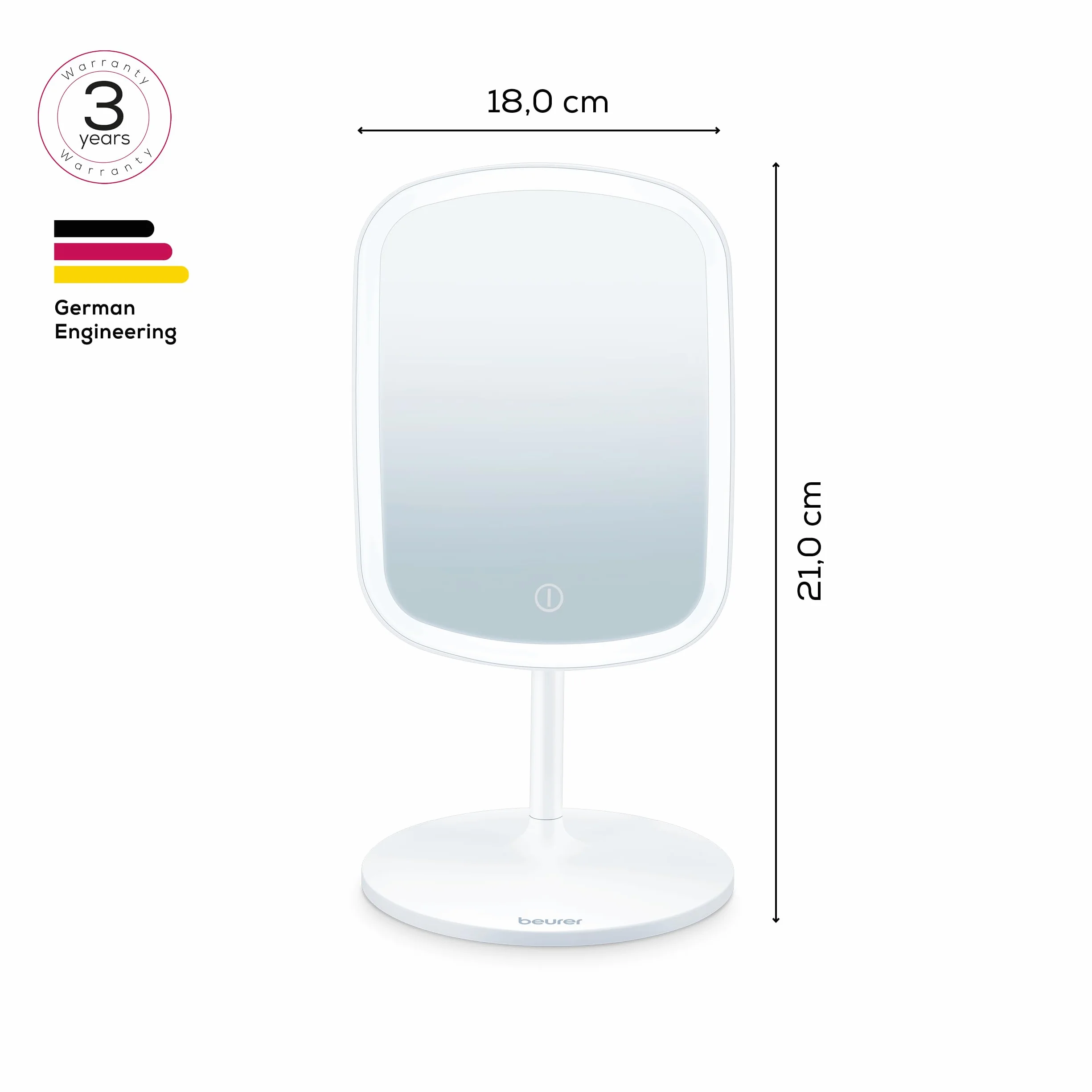 Beurer BS 47 Specchio cosmetico illuminato con 3 colori adatto per il makeup, con supporto magnetico, ruotabile a 360° e rimovibile, pratico specchio da bagno con superficie di appoggio