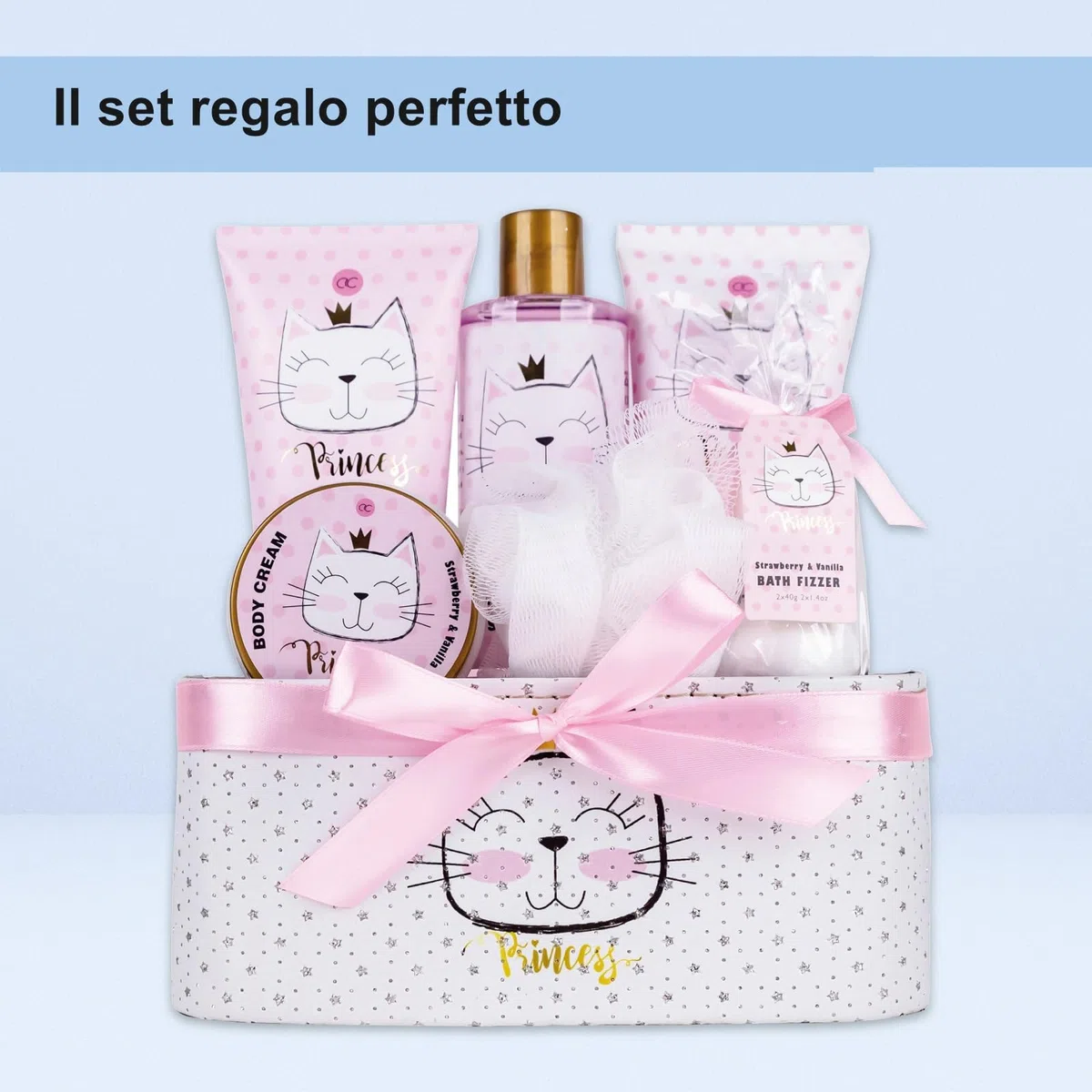Accentra - Set Regalo Princess Kitty Per Bambina, Con Aroma Alla Fragola E Alla, 7 Pezzi, Colore: Rosa, Vaniglia