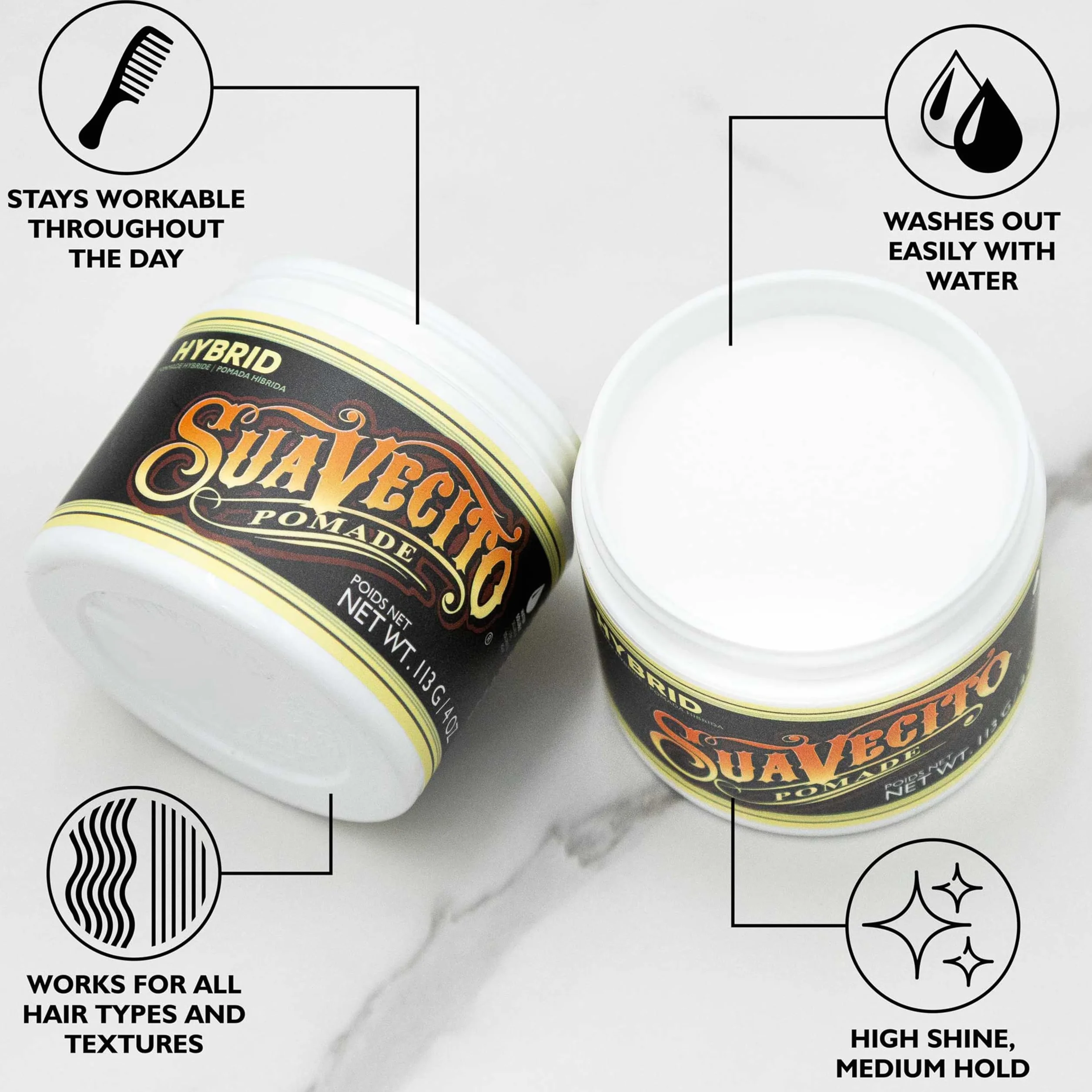 Suavecito Hybrid Pomade 4 oz, 1 Pack - Hair Pomade For Men - Medium Hold High Shine Hybrid Water And Oil Formula - Reworkable - Easy To Wash Out - All Day Hold For All Hair Styles