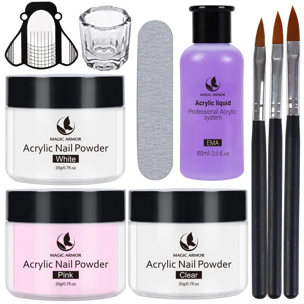 MAGIC ARMOR Set Polvere e 60ML Liquido Acrilico Per Unghie，3 Colori （Polvere Trasparente, Rosa, Bianco) 20g，Adatto a Principianti ed Esperti di Unghie Set Polvere e Liquidi Acrilici