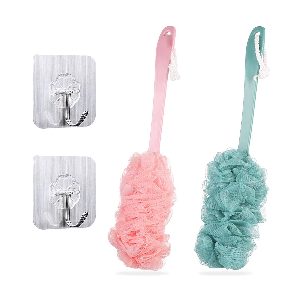 TSHAOUN 2 Pezzi Spazzola Da Doccia Bagno a Manico Lungo spugna esfoliante per il corpo per bagno e doccia con manico lungo, Mesh Bath spugna spazzola per uomini e donne