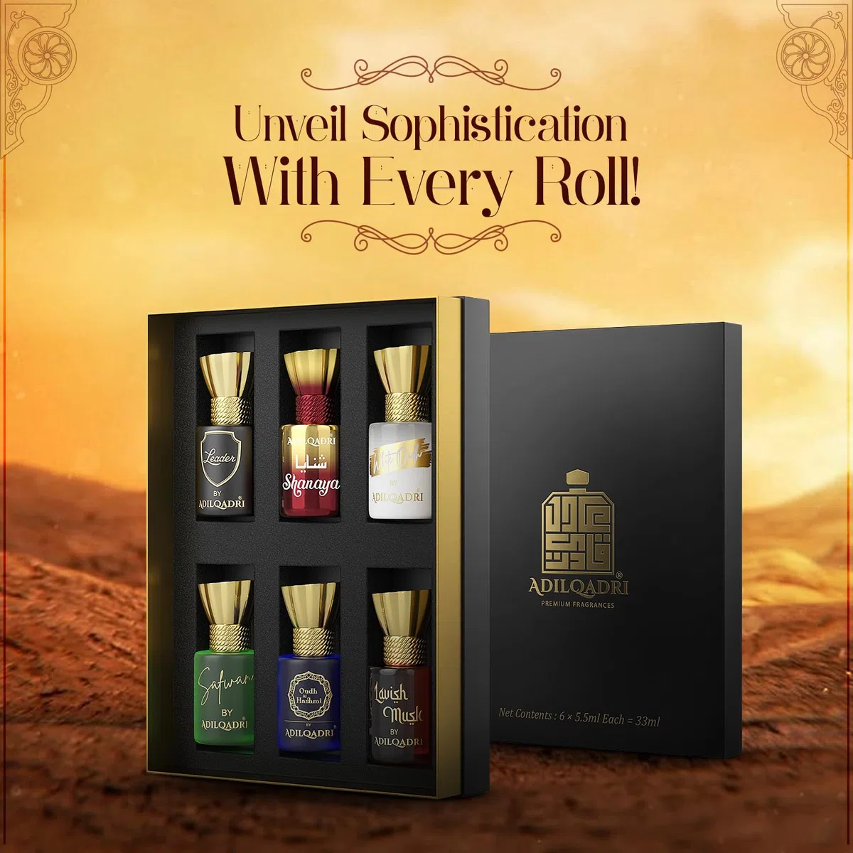AdilQadri Luxury Set Regalo Unisex: Profumo Attar a rullo senza alcool, Fragranza squisita e duratura (0.2 oz ciascuno)