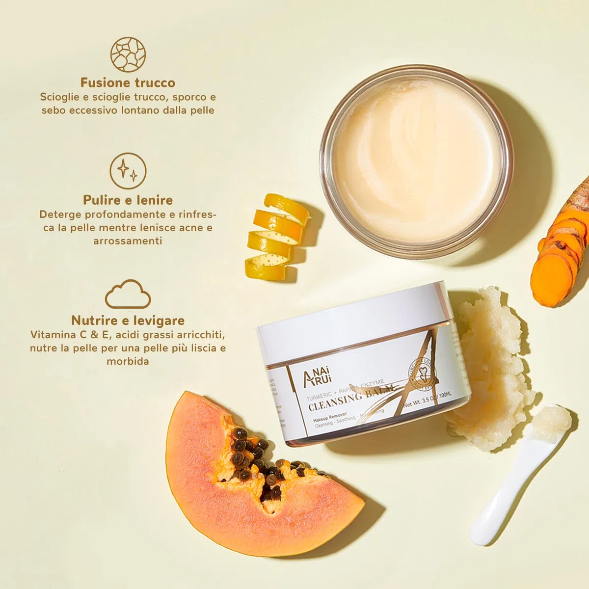 ANAiRUi Balsamo detergente con papaya di curcuma, struccante per la pulizia del viso, peeling, riduzione delle macchie scure, acne, pelle liscia, detergente per la pelle, 3,5 OZ