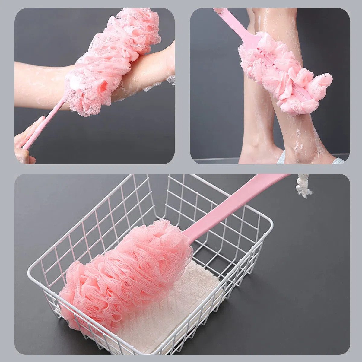 TSHAOUN 2 Pezzi Spazzola Da Doccia Bagno a Manico Lungo spugna esfoliante per il corpo per bagno e doccia con manico lungo, Mesh Bath spugna spazzola per uomini e donne