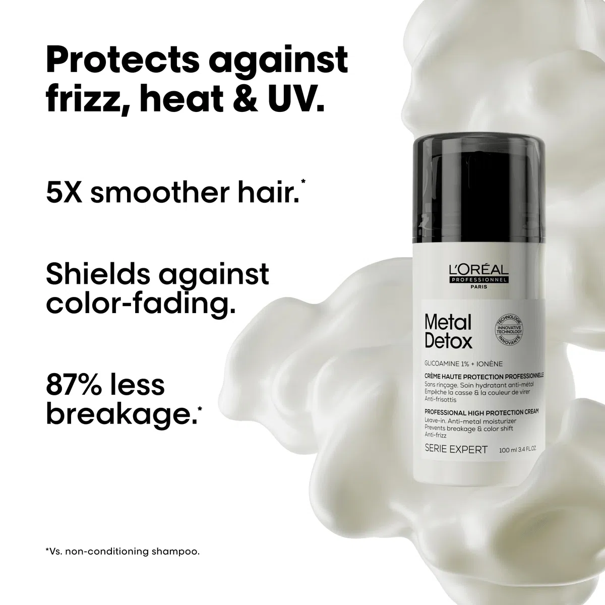 L'Oréal Professionnel Paris, Crema Leave-In Protettiva, Per Tutti i Tipi di Capelli, Anti-Crespo, Chioma Lucente&Setosa, Con Glicoammina 1% e Filtro UV, Metal Detox, 100 ml