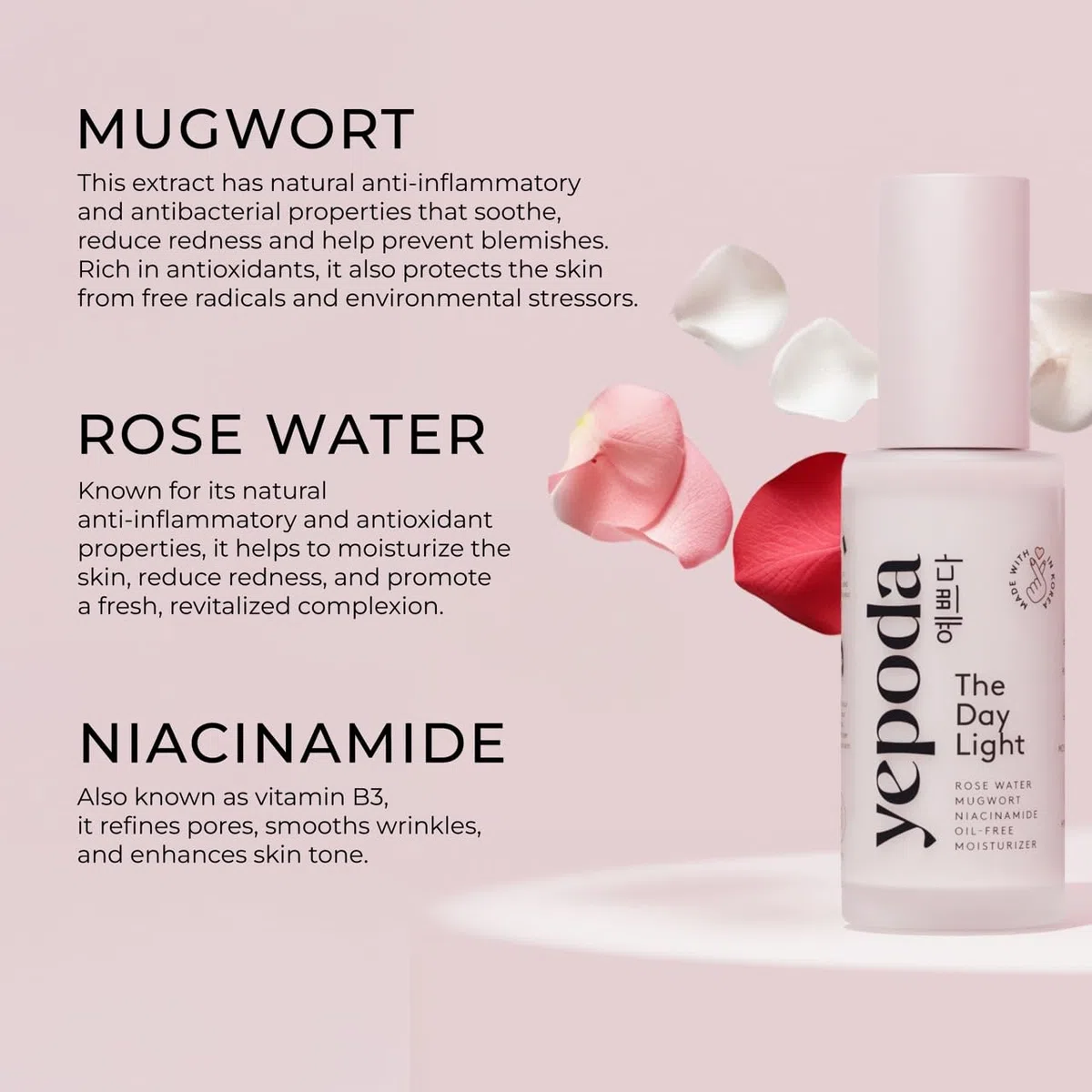 Yepoda The Day Light, Crema Idratante Giornaliera Purificante Senza Oli con Acqua di Rosa, Artemisia e Niacinamide. Crema Viso Vegana Coreana Idratante. Per Tutti i Tipi di Pelle, 50 ml