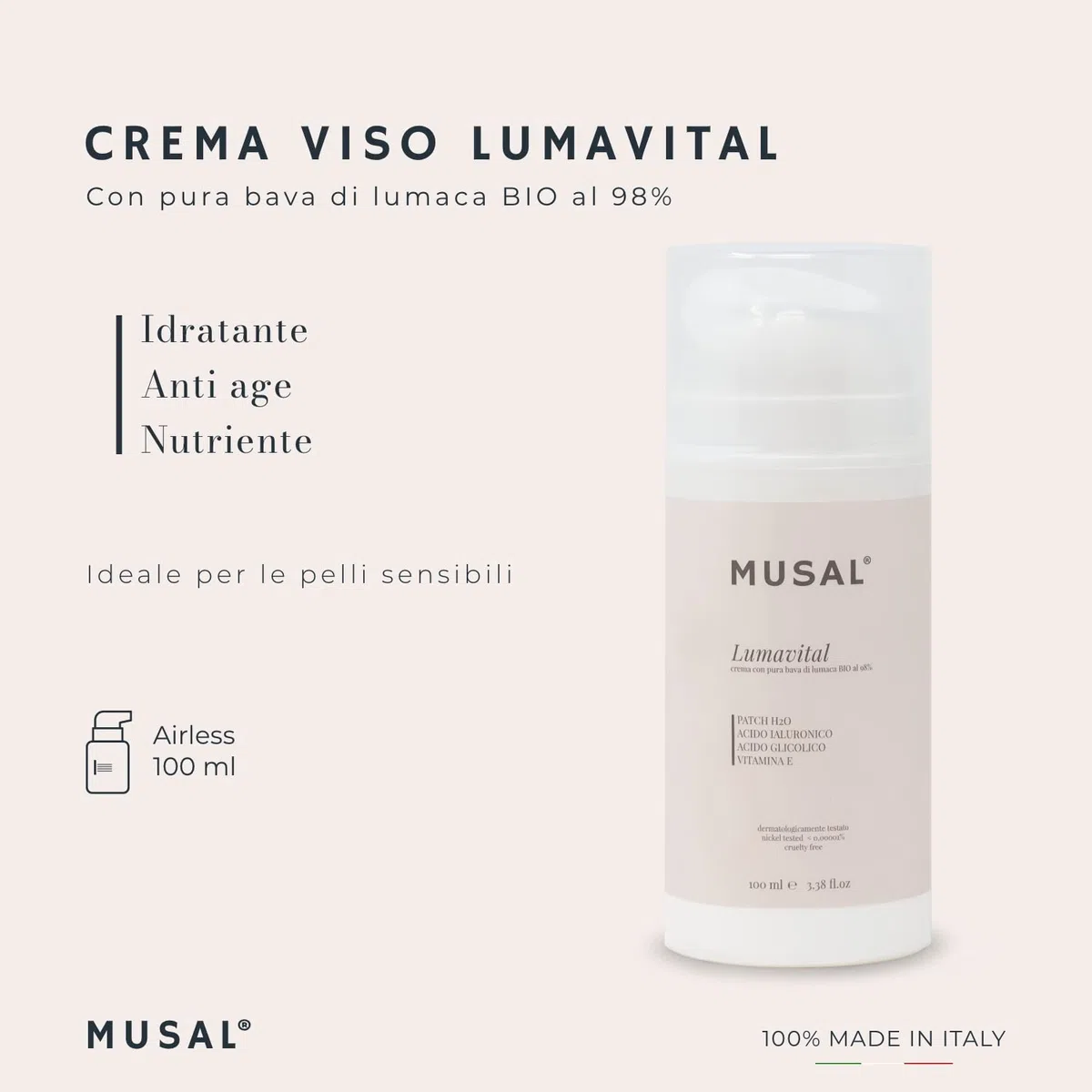 Musal 100ml Crema Viso Bava di Lumaca Bio al 98%, Acido Ialuronico e Vitamina E, Crema viso Idratante antimacchie e Antirughe per pelli sensibili grasse e secche.