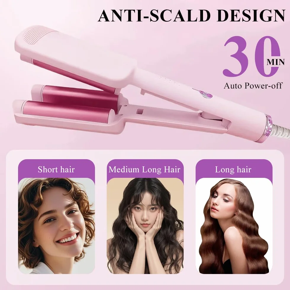 Piastra Onde per Capelli, Ferro Arricciacapelli, 32 mm Ferro per Capelli Onde con 4 Temperature regolabili per tutti i tipi di capelli, viene fornito con 1 pettine, 2 clip (Rosa)