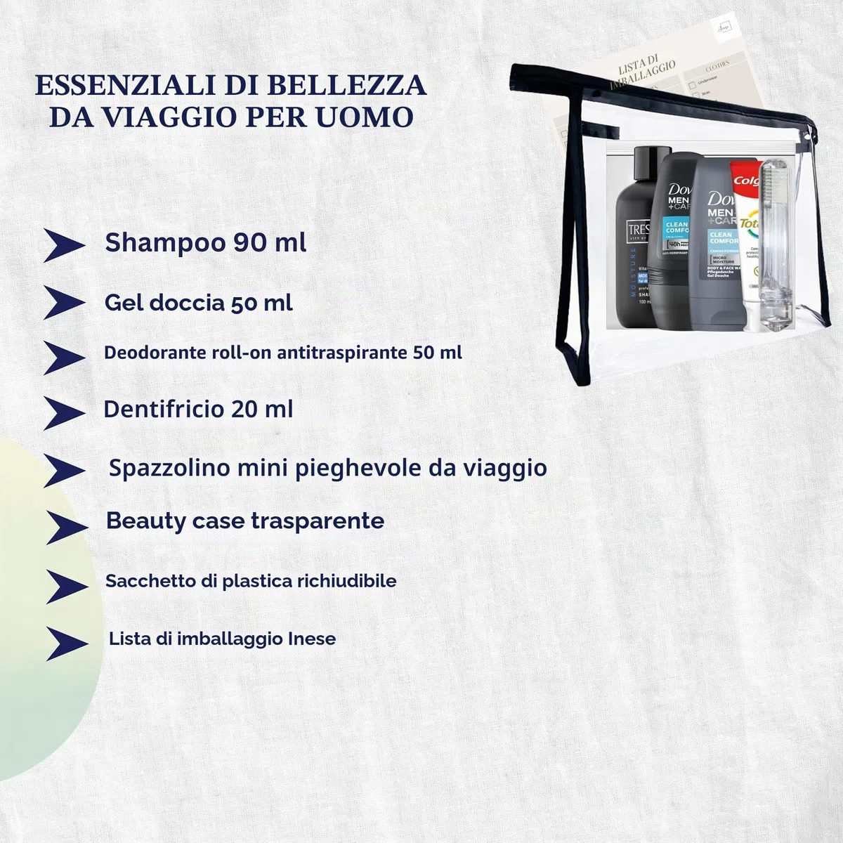 Mini set da toeletta da viaggio per uomo,Kit da viaggio essenziale da toilette per viaggi, ospedale, soggiorno notturno, Trasparente, Borsa da toilette da viaggio