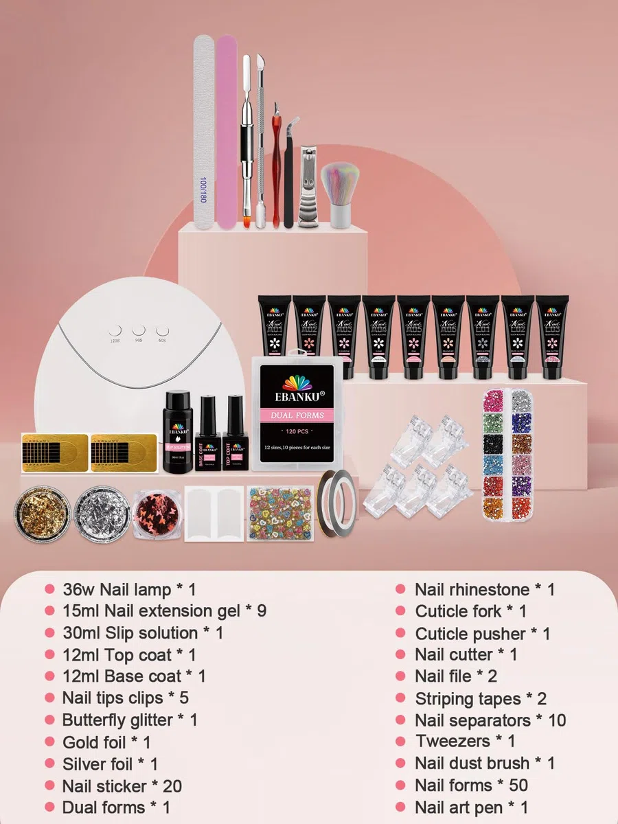 EBANKU Poly Gel Unghie Kit, 9 Colori Nail Extension Gel Kit Semipermanente Unghie Kit Rricostruzione Unghie Gel Completo con Lampada Unghie Finte Top Base Coat per Nail Art