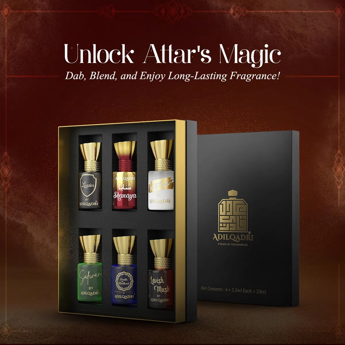 AdilQadri Luxury Set Regalo Unisex: Profumo Attar a rullo senza alcool, Fragranza squisita e duratura (0.2 oz ciascuno)