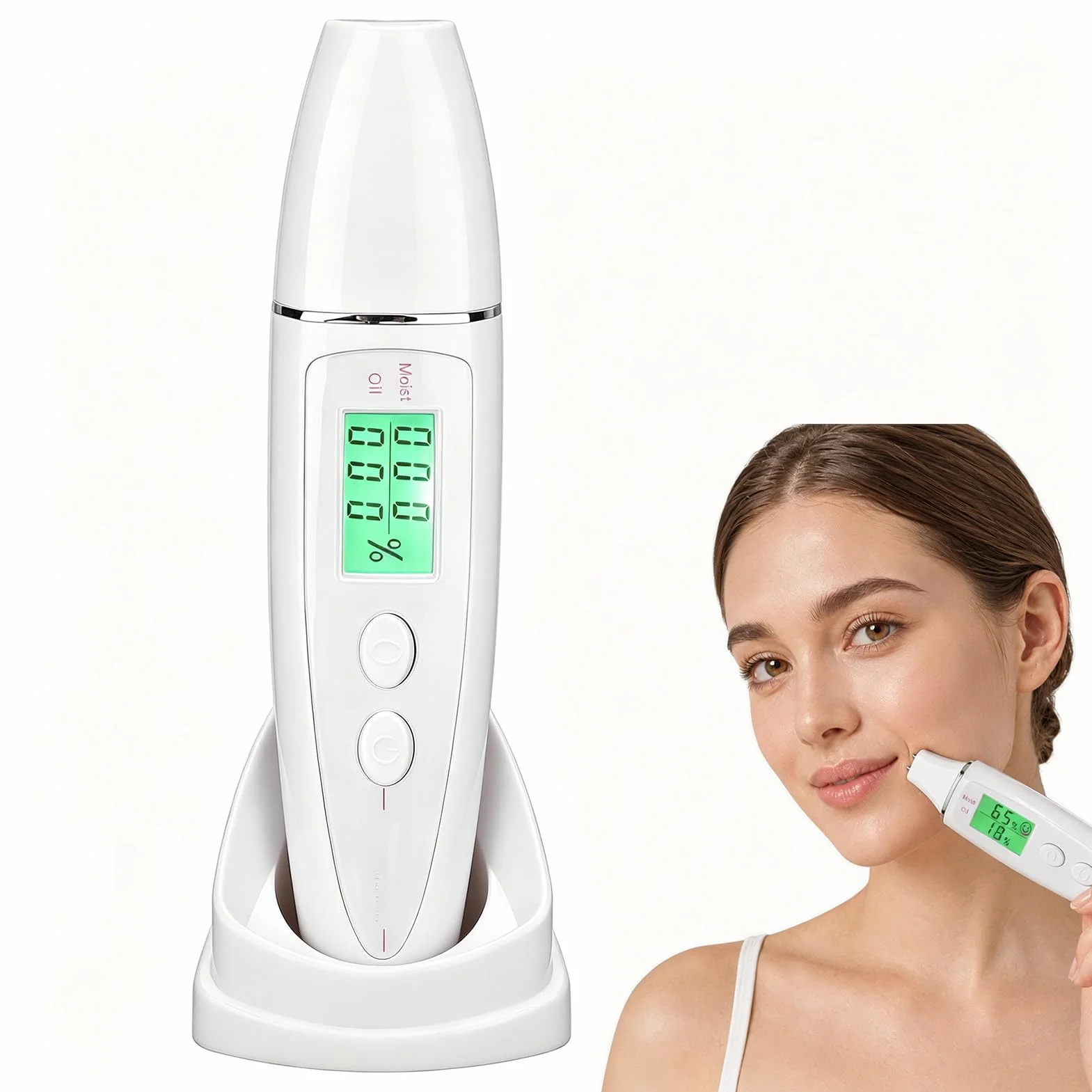 Tester per la pelle del viso Display intelligente Cura della pelle Corneometro digitale portatile con penna rilevatore di pelle per salone di bellezza domestico Bianco (Blanc)