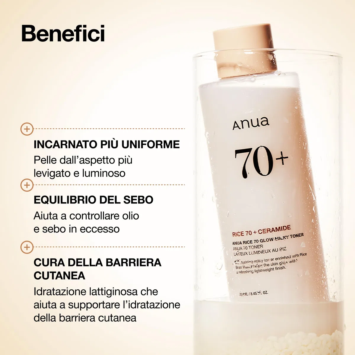 Anua Rice 70 Glow Milky Toner – Tonico Viso Idratante e Illuminante Coreano, con Acqua di Riso 70%, Niacinamide, Ceramidi e Pantenolo, Tonico Lattiginoso per Pelle Sensibile, Non Comedogenico (250ml)
