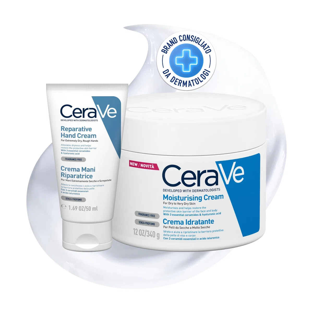 CeraVe Kit Corpo e Mani, Crema Idratante Viso e Corpo, Per Pelle Secca, Con Acido Ialuronico, 340 g + Crema Mani Riparatrice, Per Mani Screpolate, Con Acido Ialuronico e Niacinamide, 50 ml