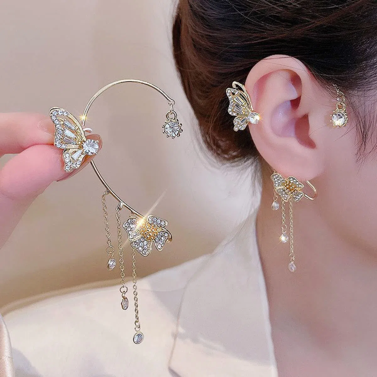 Butterfly Tassel Style Zircon Earrings, No Pierced Wraparound Butterfly Flowers Tassels Earrings,Womens Girls Jewelry Gift