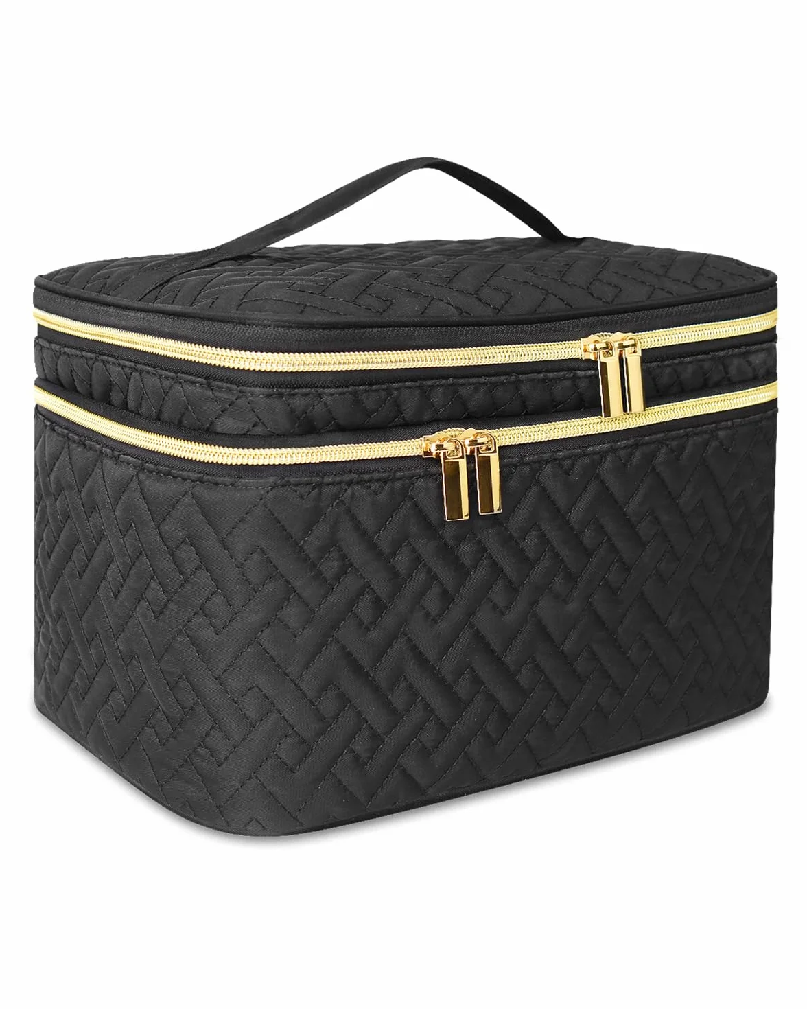 Beauty case organizer da donna, grande borsa per cosmetici a doppio strato con scomparto per pennelli, borsa da toeletta portatile e impermeabile, essenziale da viaggio, nero