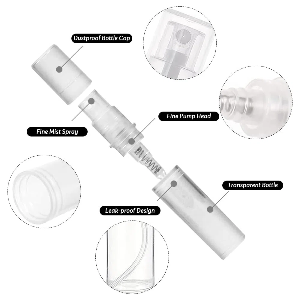 mizikuu 100 Pezzi 2ML Mini Flacone Spray, Riutilizzabile Bottigliette Spray Vuote in Plastica Profumo Atomizzatore di Profumo Bottiglia Campioni di Profumo per l'uso quotidiano e i viaggi