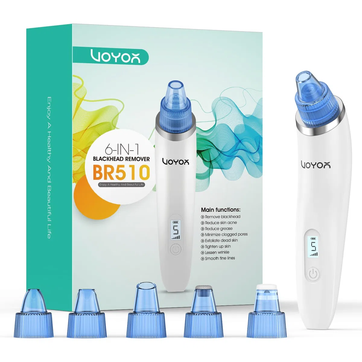 VOYOR Aspirapolvere punto nero professionale 6 in 1 estrattore di punti nero elettrico pneumatico comedoni acne detergente per pori cura viso donna, 6 sonde e 5 modalità, ricaricabile con display LCD