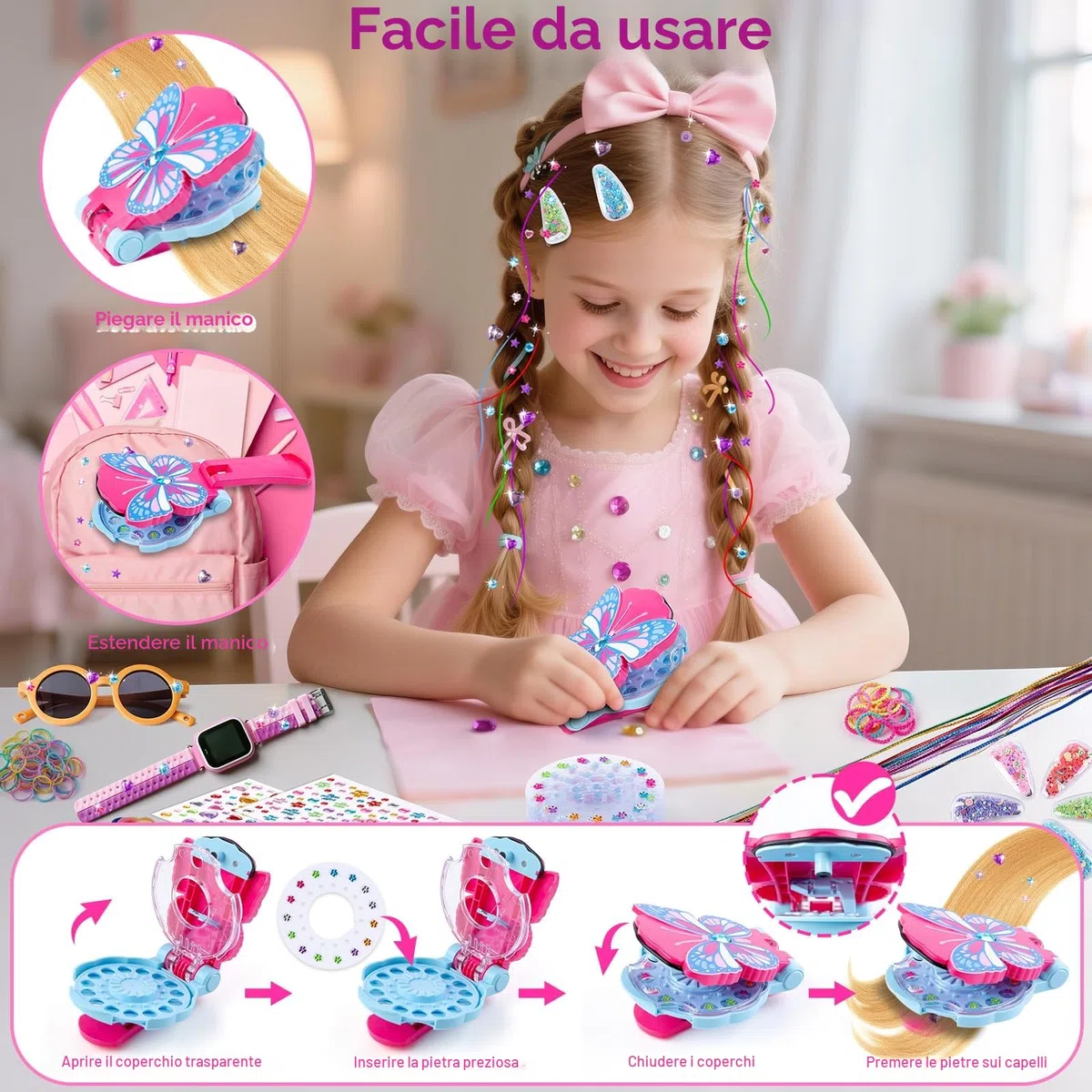 SEMKOTREE Brillantini per Capelli, Accessori per Capelli Applicatore Strass per Capelli con 480 Diamanti e Hair Tinsel, Glitter Applicatore Strass Regalo Bambina 6 7 8 9 Anni