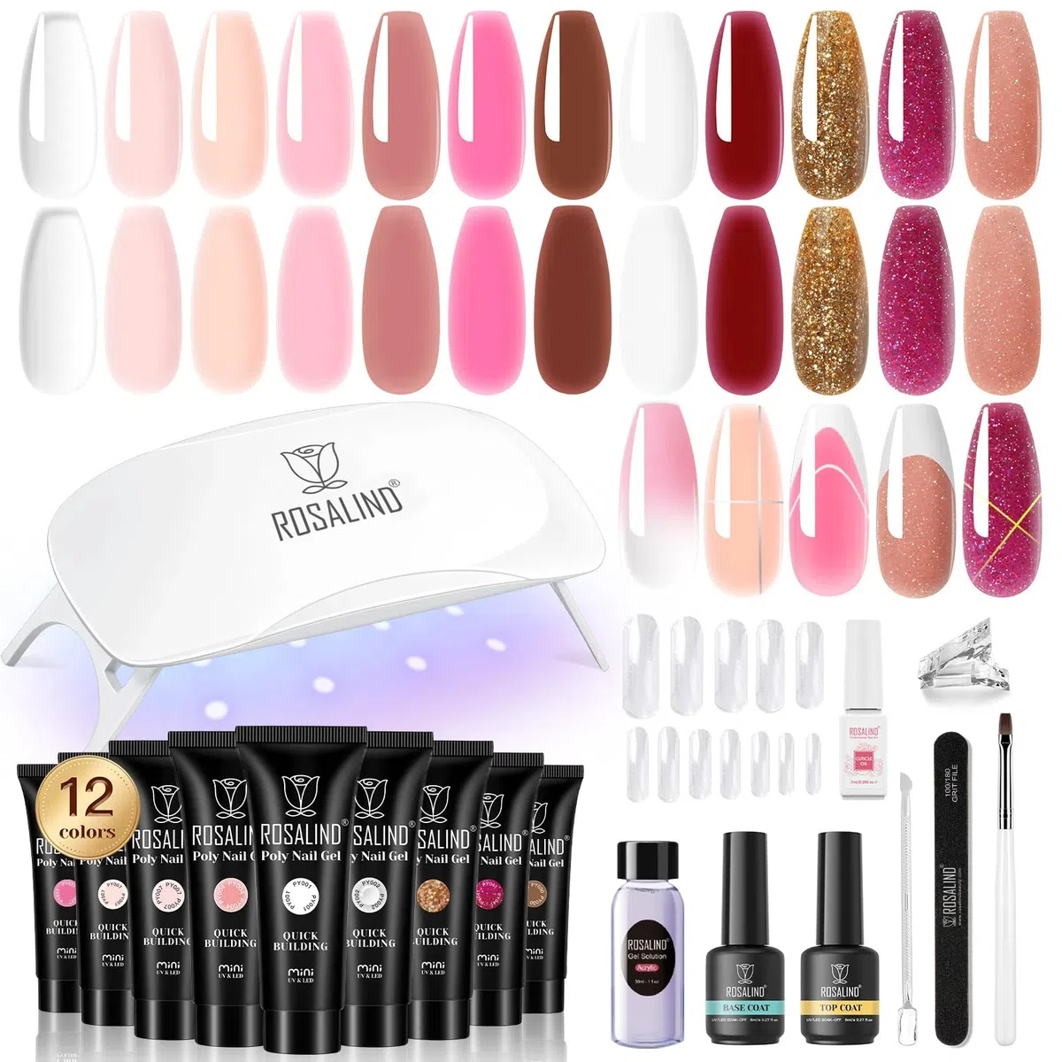 ROSALIND Poligel per Unghie Kit Completo, 12 Colori 10ml Gel Unghie Ricostruzione con UV Lampada, Base & Top Coat e Strumenti, Poly Nail Gel Completo kit per Principiante, Professionale e Salone