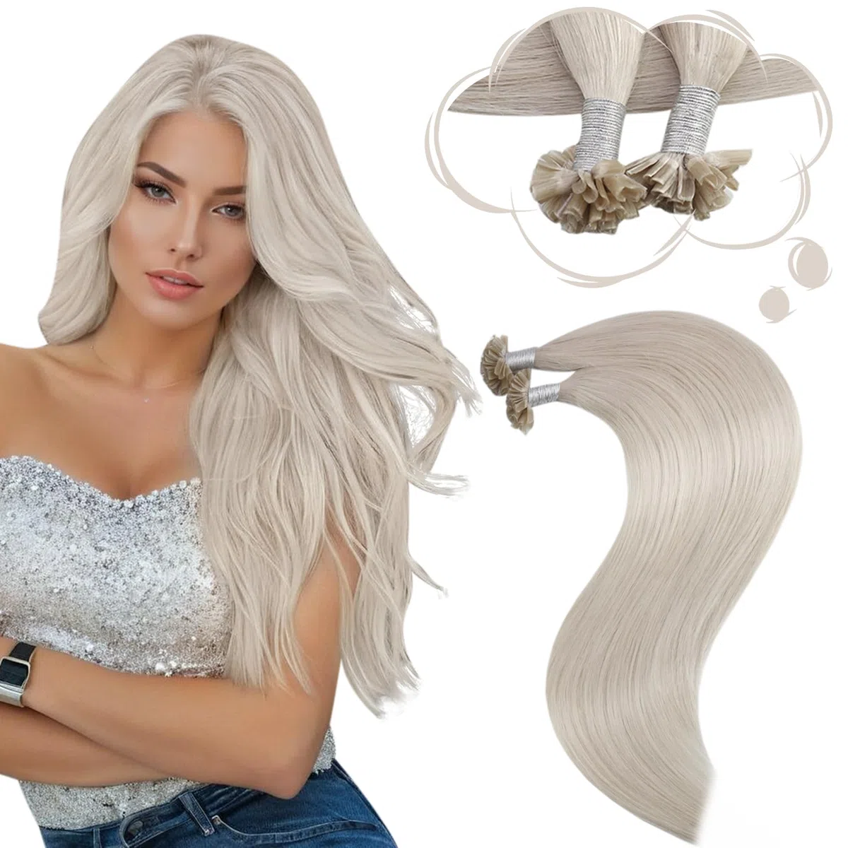Moresoo Extension Capelli Veri Cheratina 35 cm Piatta Biondo Bianco Remy Extension Cheratina Capelli Veri 40g 50 Ciocche #60A