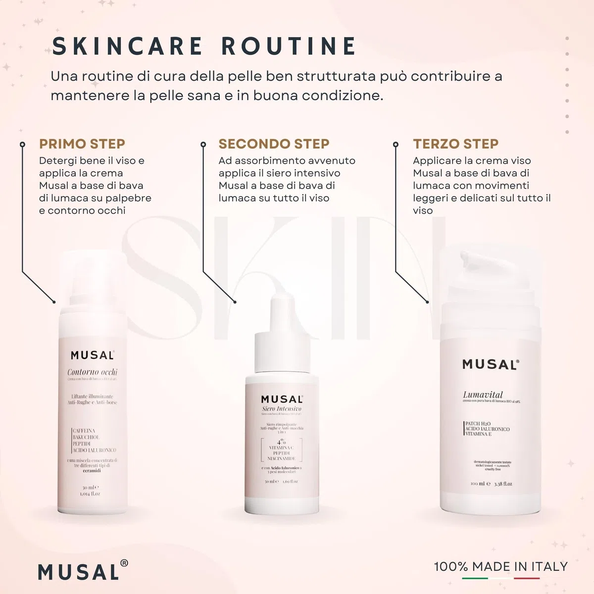 Musal 100ml Crema Viso Bava di Lumaca Bio al 98%, Acido Ialuronico e Vitamina E, Crema viso Idratante antimacchie e Antirughe per pelli sensibili grasse e secche.