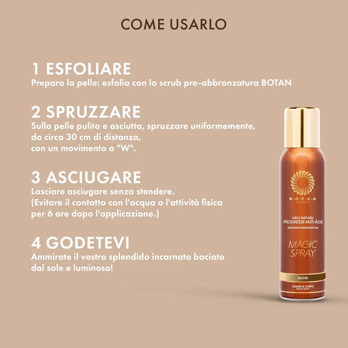 BOTAN Cosmetics - Spray Autoabbronzante Progressivo Anti-età 125 mL - Abbronzatura Naturale e Satinata - Vegano e Senza Alcol