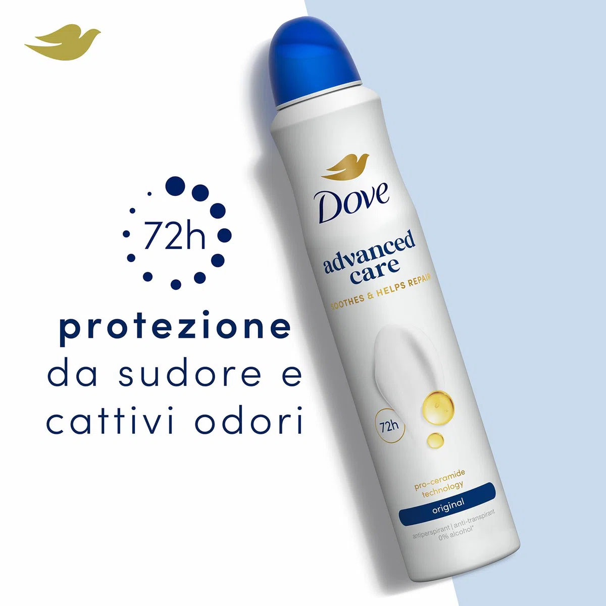 Dove Deodorante Spray Advanced Care Original, con Formula Idratante e Delicata sulla Pelle, Senza Alcol, Pelle Asciutta Fino a 72 Ore, Deodorante Uomo e Donna, 6 Pezzi da 200ml