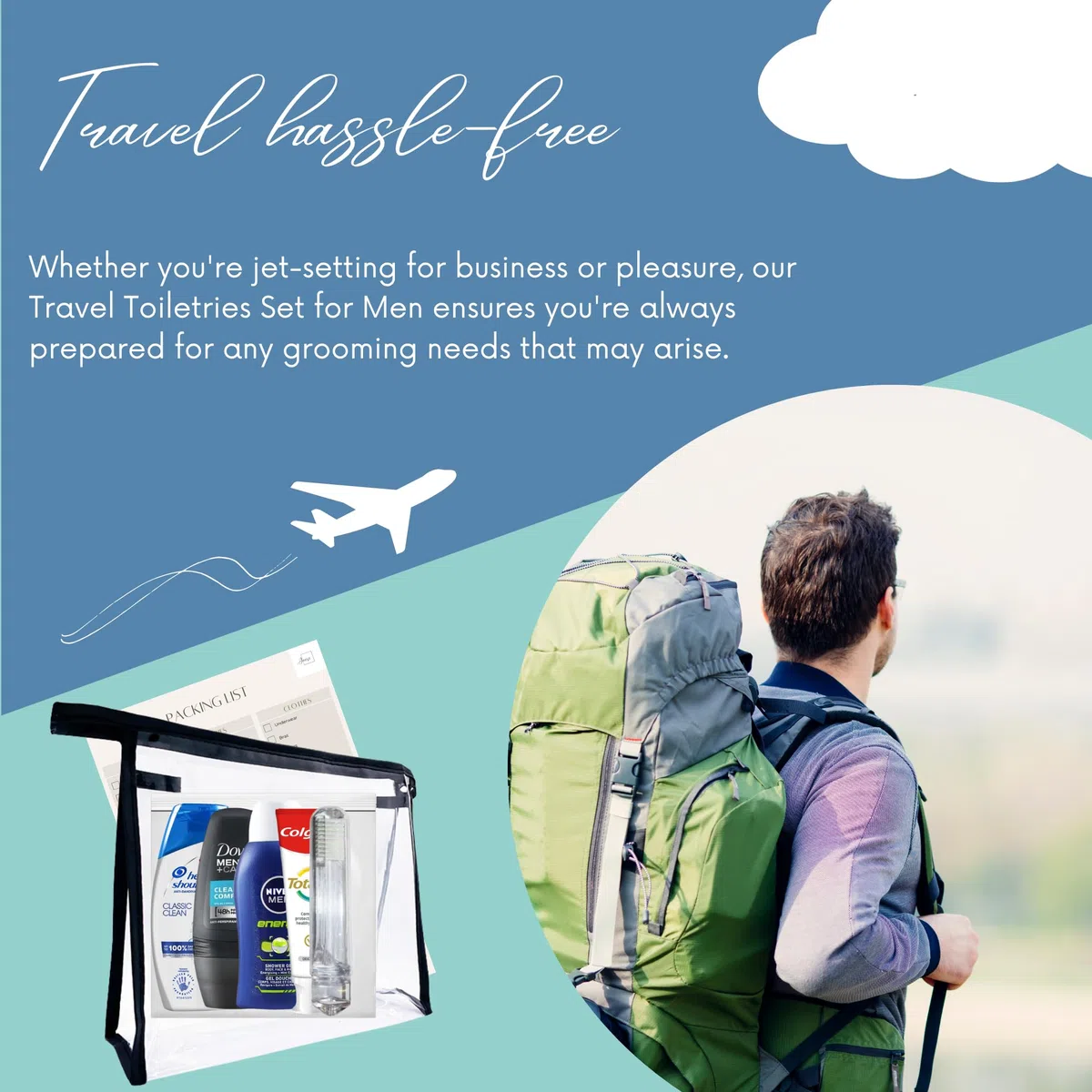 Inese Set di articoli da toeletta da viaggio per uomini, mini articoli da toeletta, set da uomo, liquidi approvati dall'aeroporto di vacanza