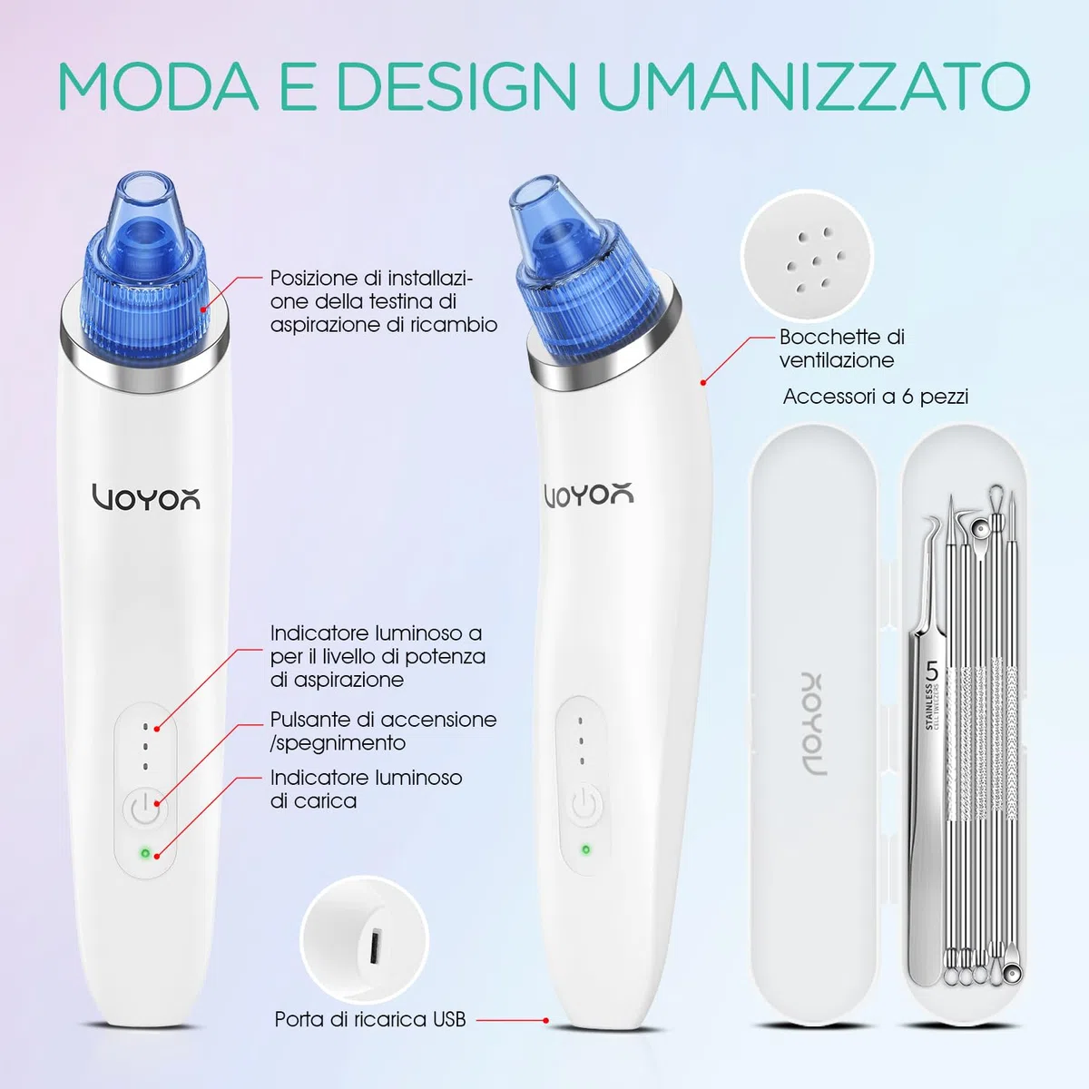 VOYOR Aspiratore Punti Neri 6-In-1 Aspira Rimozione di Elettrico Comedone Estrattore Pulizia Viso Tramite Ricaricabile per Uomini e Donne BR410
