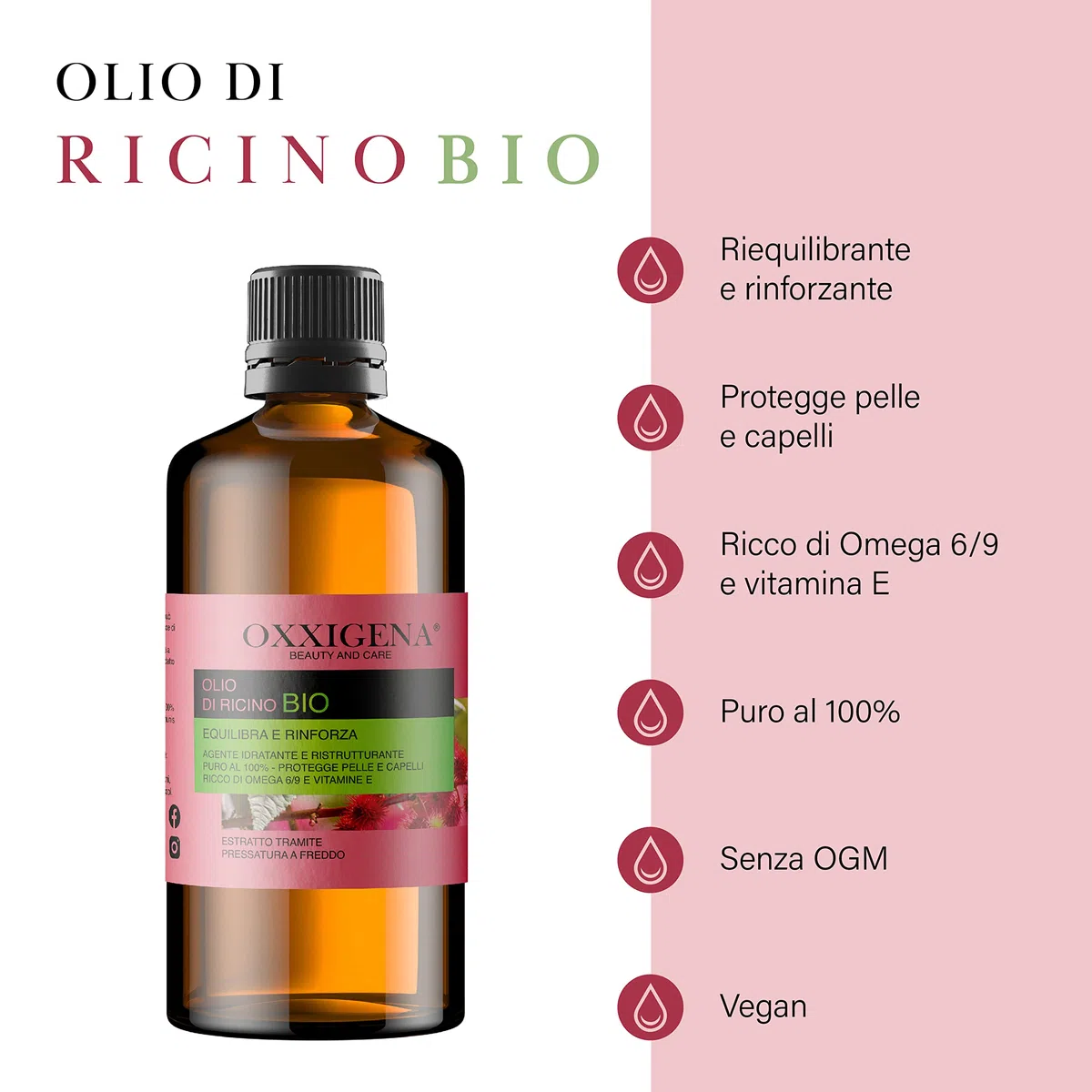 Oxxigena Olio di Ricino Biologico Vergine Puro al 100% - 1 L - Spremuto a Freddo - Equilibra e Rinforza - Nutriente ed Idratante per Pelle e Capelli - Vegano, senza OGM