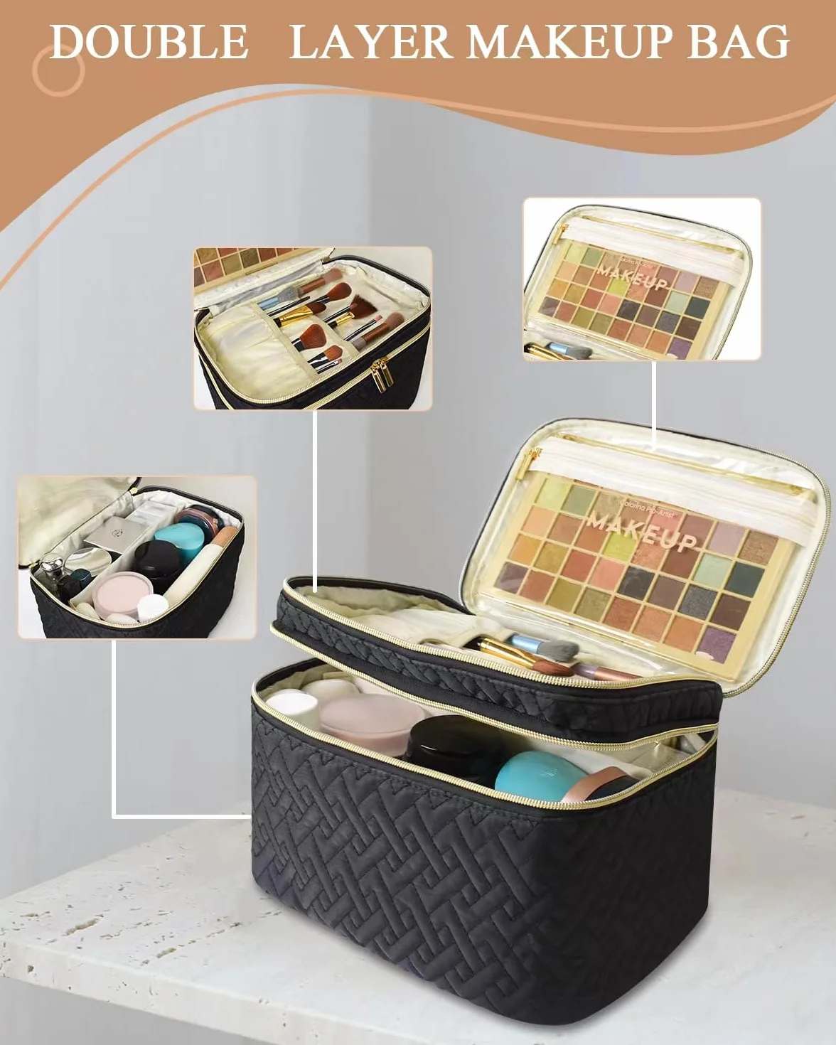 Beauty case organizer da donna, grande borsa per cosmetici a doppio strato con scomparto per pennelli, borsa da toeletta portatile e impermeabile, essenziale da viaggio, nero