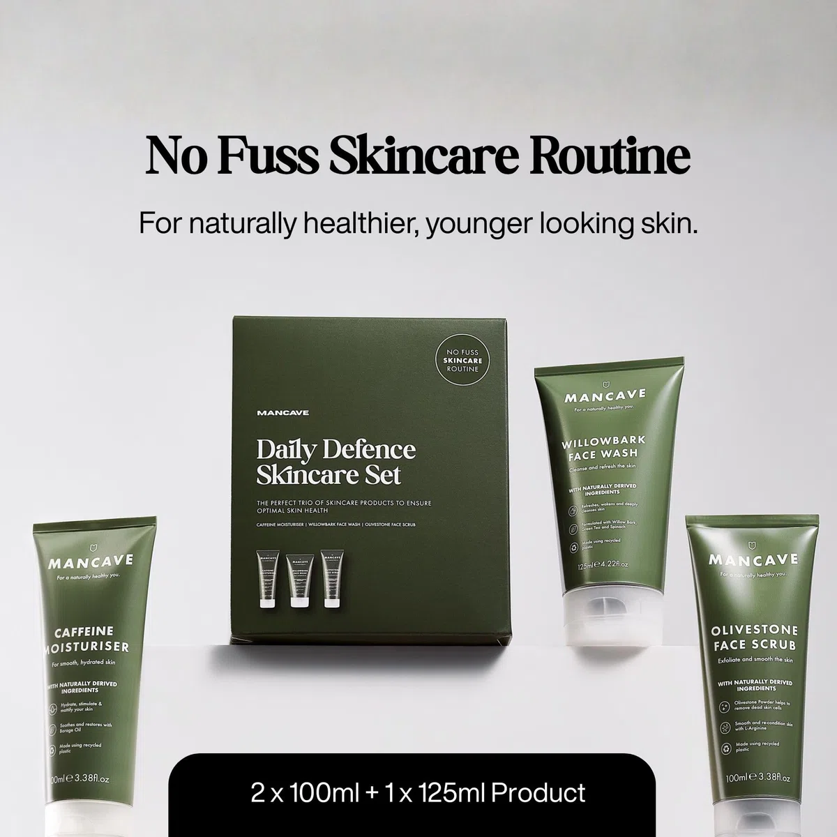 ManCave Set Regalo Uomo con 3 Prodotti di Skincare Naturali, Detergente Viso, Scrub Viso e Idratante Uomo, Formulazioni Naturali, Vegani, Tubetto in Plastica Riciclata, Prodotto in Inghilterra